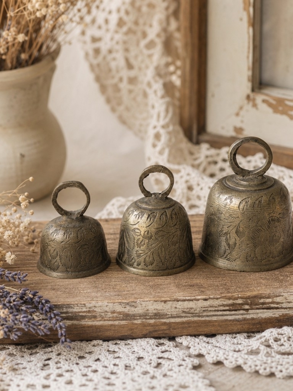 Vtg Authentic SARNA Signed Etched Brass Bells - Set of 3 Graduated Boho Decor